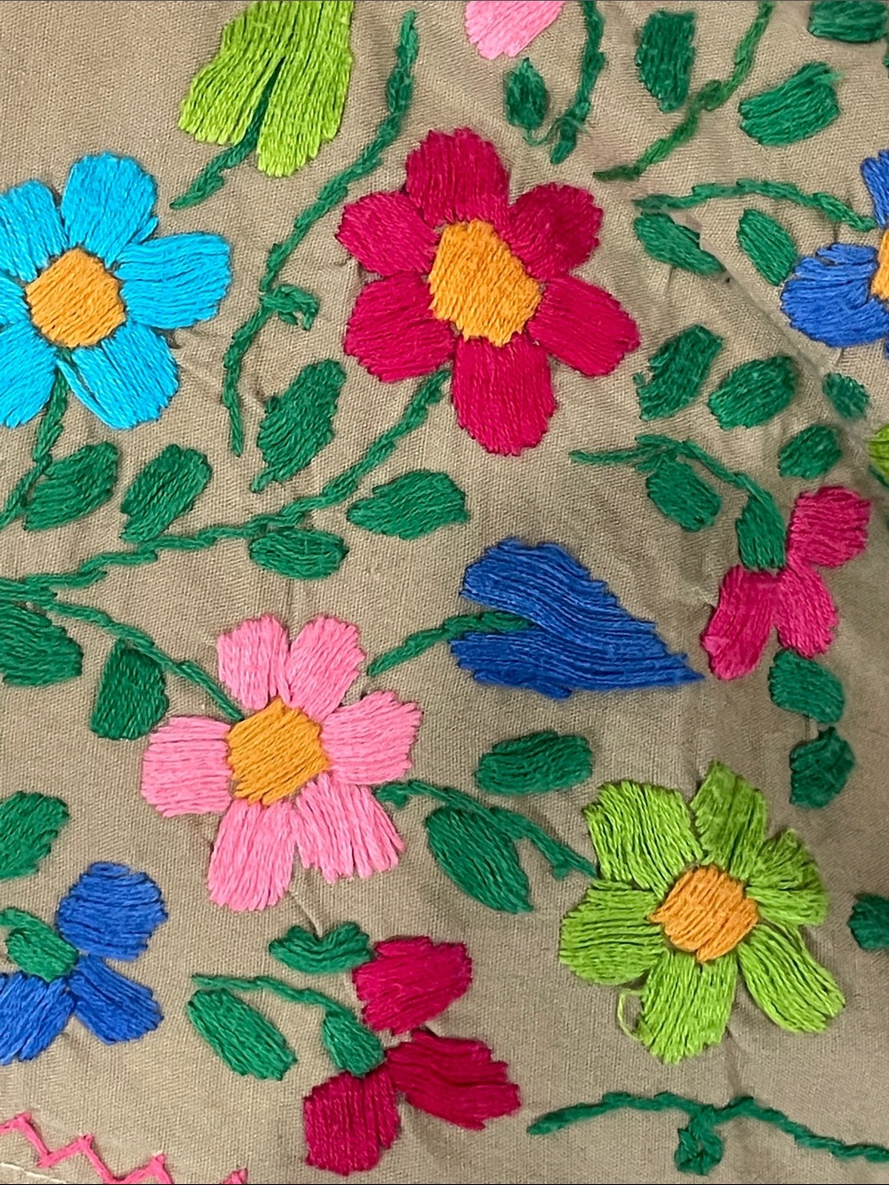 Vintage Hand Embroidered Khaki Mexican Puebla Maxi Dress - Picture 4 of 12